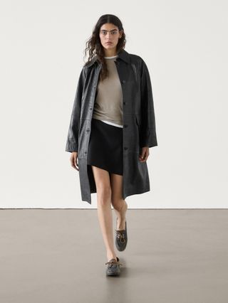 Long Textured Nappa Leather Coat With Pockets