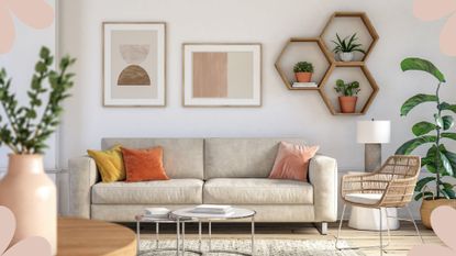 neutral living room with beige sofa and coral pink accessories with houseplants to show how to improve air quality in your home