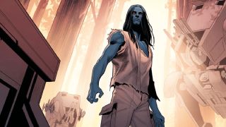 Here we see Grand Admiral Thrawn as a young man, with long dark hair, striking blue skin and red eyes. The white vest and trousers he is wearing are torn. In the background you can see some battle droids.