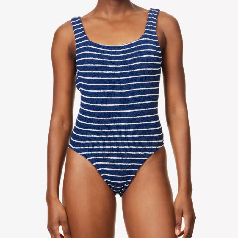 Hunza G striped swimsuit on model 