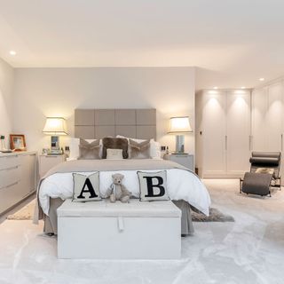 bedroom with grey headboard
