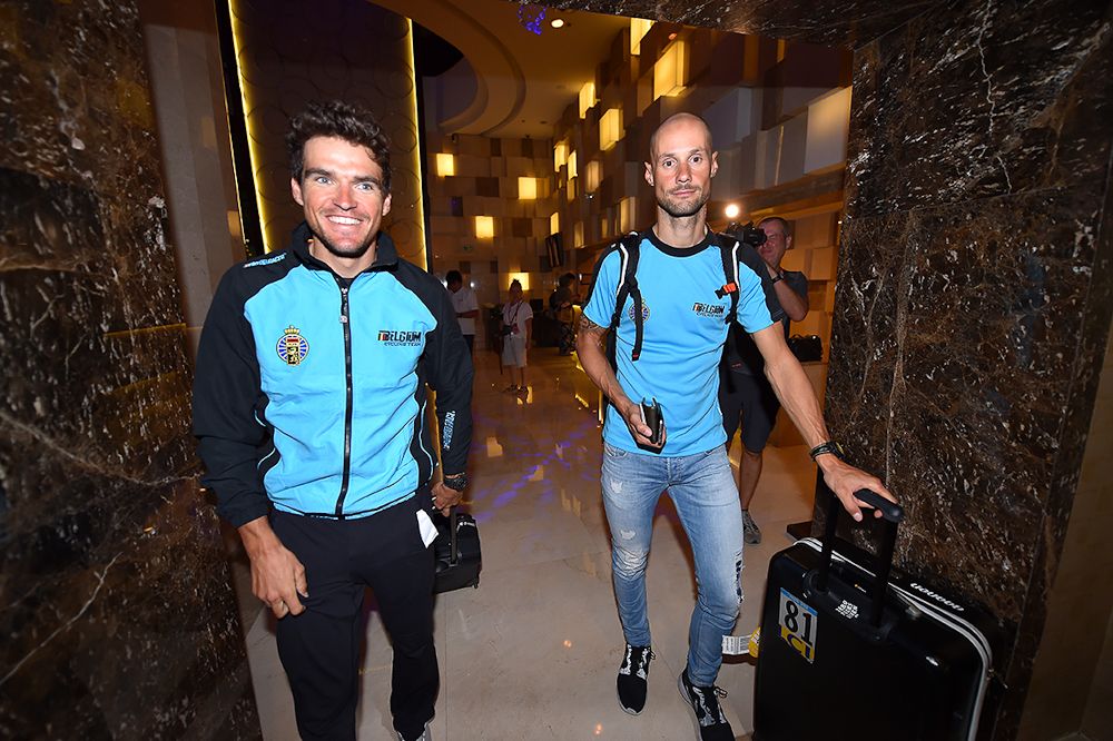 Greg van Avermaet and Tom Boonen arrive at their hotel in Doha, Qatar