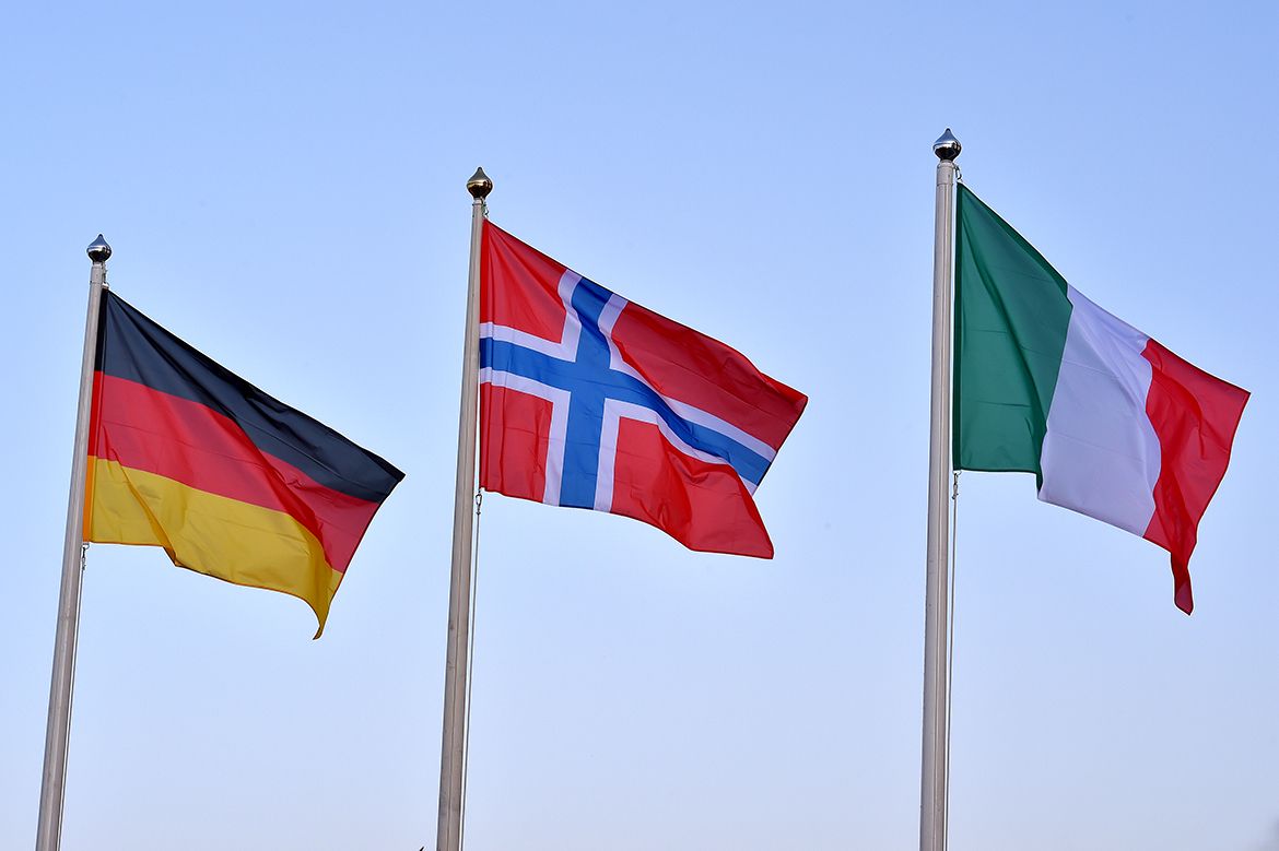 Germany, Norway and Italy flags for the podium