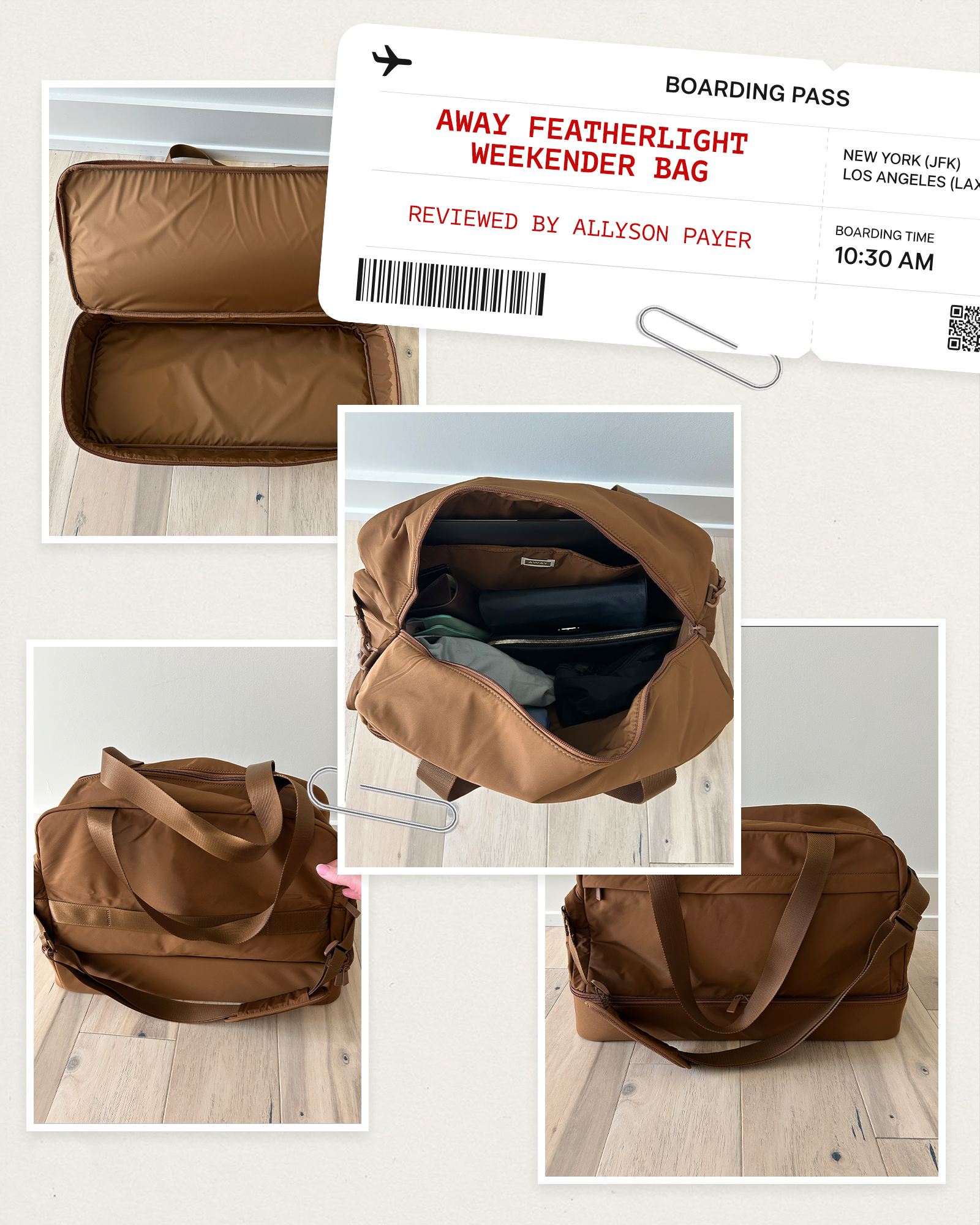 Collage of the Away Featherlight Weekender Bag.