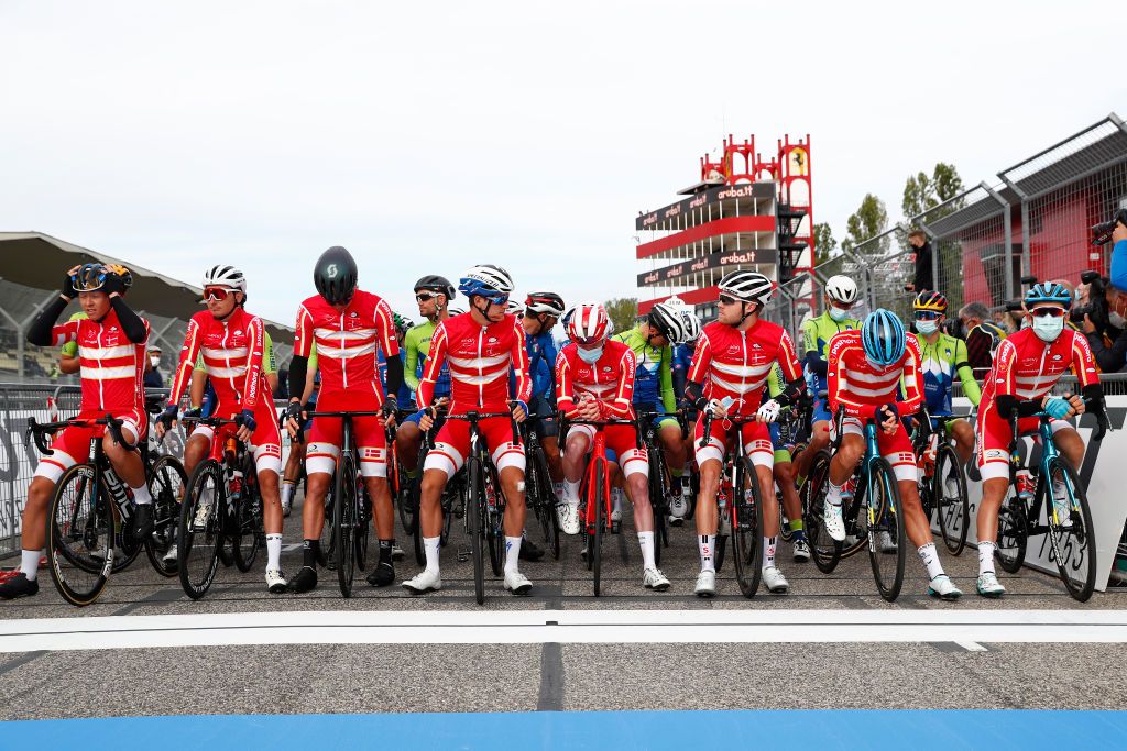 The Danish team line up at the front of the peloton at the start