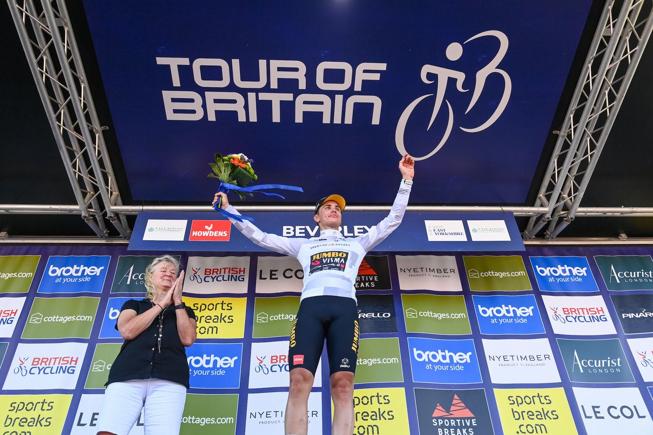 Picture by Simon Wilkinson/SWpix.com - 03/09/2023 - Cycling - 2023 Tour of Britain - Stage 3: Google to Beverley (154.7km) - Olav Kooij of Team Jumbo Visma (Wearing the Leaders Jersey) on the podium leading the Sportive Breaks Young Rider classification