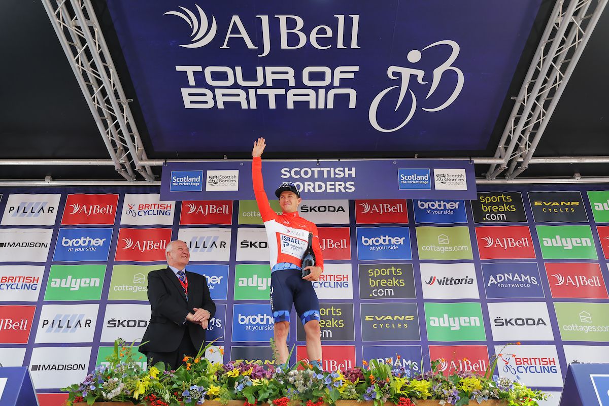 Picture by Alex WhiteheadSWpixcom 05092022 Cycling 2022 AJ Bell Tour of Britain Stage 2 Hawick to Duns Scotland Corbin Strong of Team Israel Premier Tech on the podium retaining the AJBell Leaders Jersey