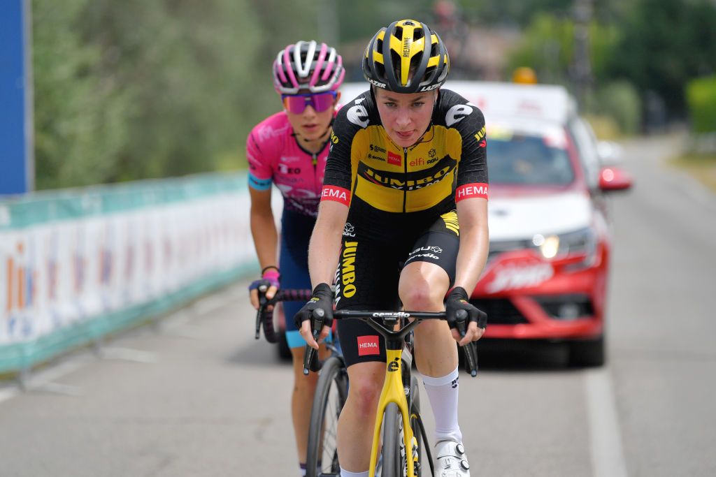 PUEGNAGO DEL GARDA ITALY JULY 08 Riejanne Markus of Netherlands and Jumbo Visma Team Matilde Vitillo of Italy and Team Bepink in breakaway during the 32nd Giro dItalia Internazionale Femminile 2021 Stage 7 a 1096km stage from Soprazocco di Gavardo to Puegnago Del Garda 219m GiroDonne UCIWWT on July 08 2021 in Puegnago del Garda Italy Photo by Luc ClaessenGetty Images