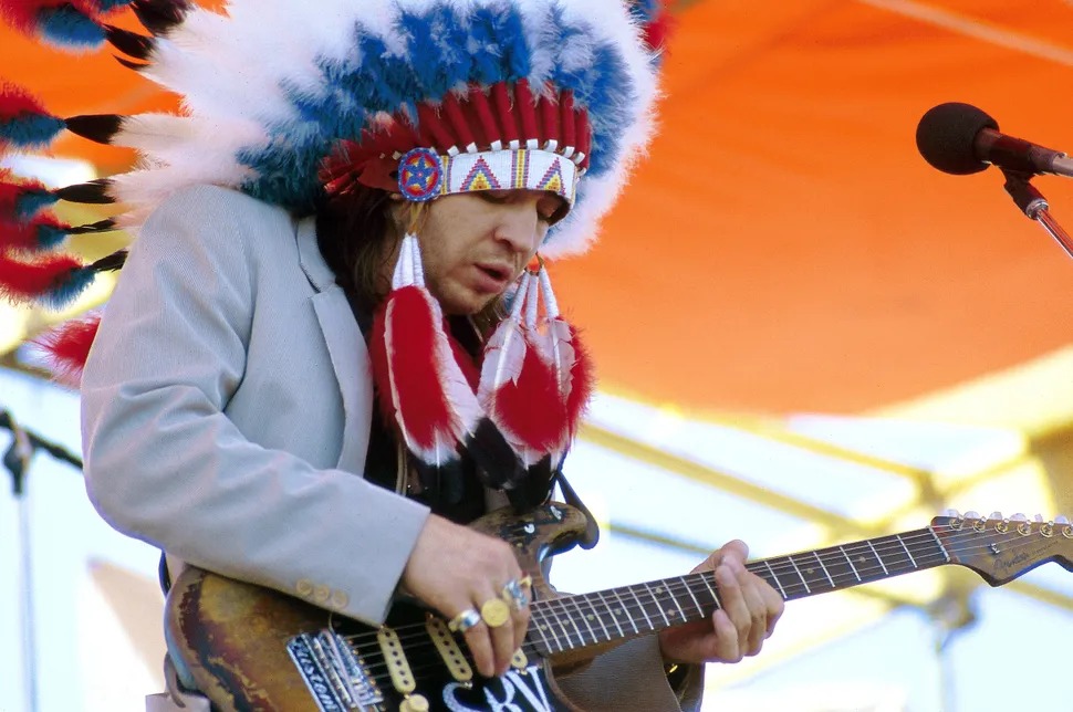 Stevie Ray Vaughan onstage at the New Orleans Jazz & Heritage Festival in New Orleans, Louisiana on May 3, 1986