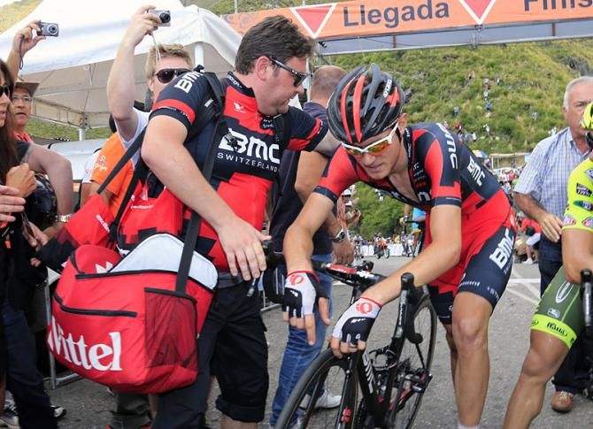 Tejay van Garderen (BMC) is assisted at the finish line on Mirador del Sol.