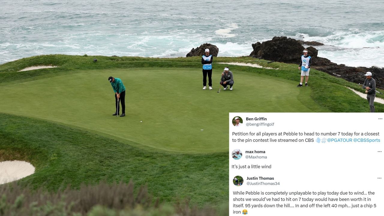 An image of Pebble Beach with X messages from PGA Tour pros