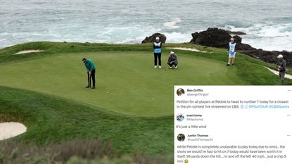 An image of Pebble Beach with X messages from PGA Tour pros