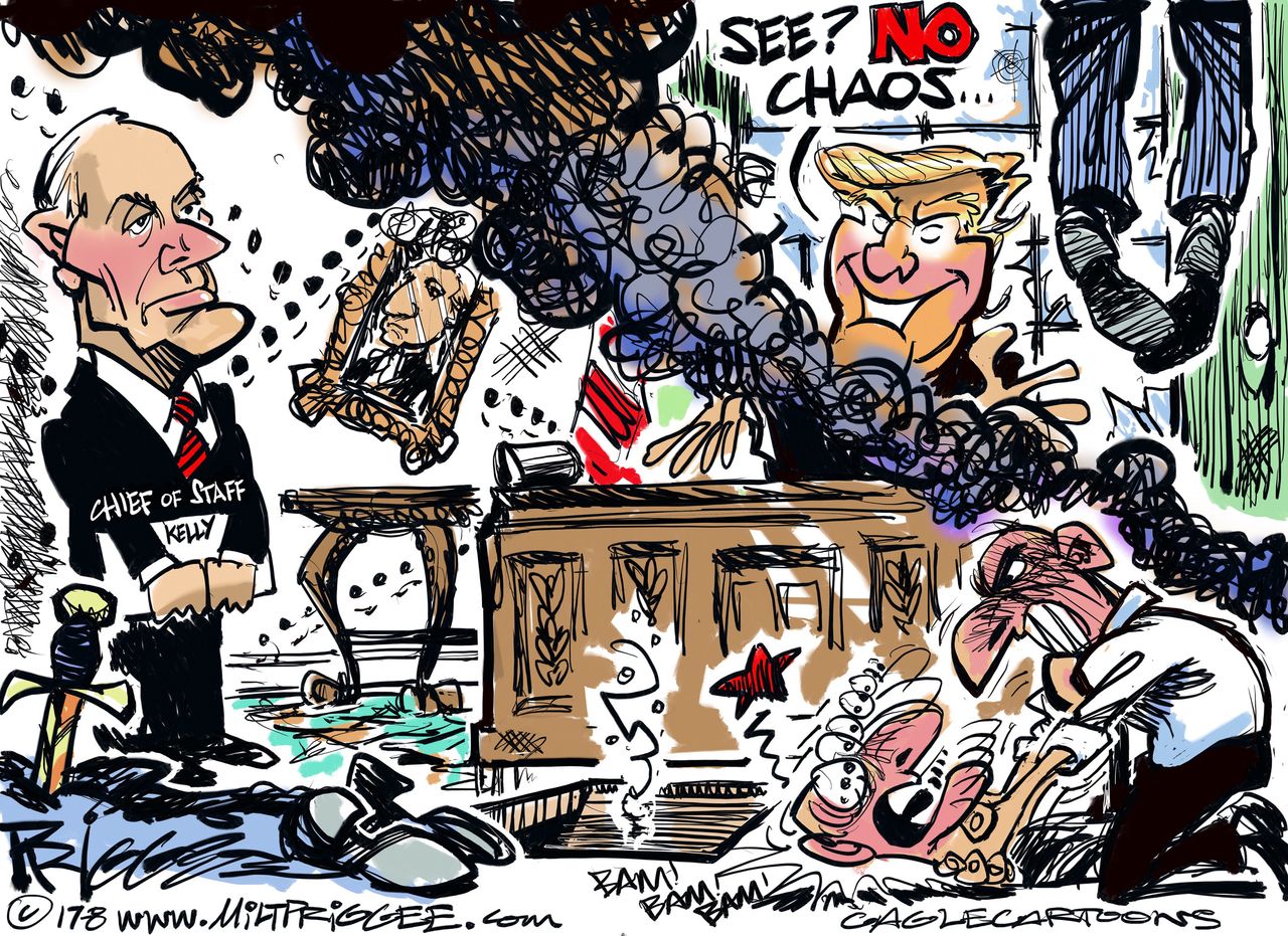 Political cartoon U.S. Trump White House chaos John Kelly