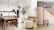 Collage of images from the article showing a kitchen, living room and staircase