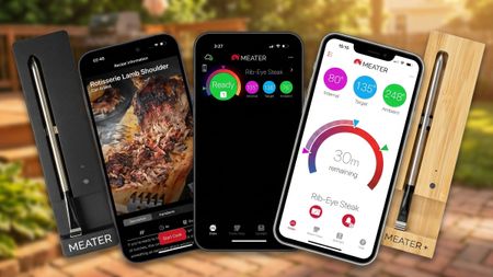 Meater smart thermometers and phone app, against a sunny backyard background