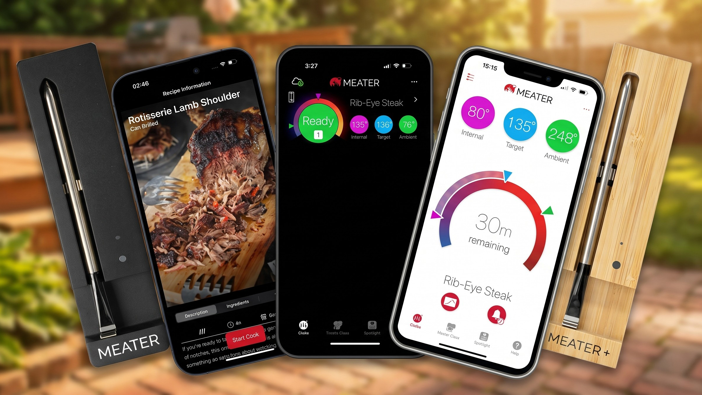 Meater smart thermometers and phone app, against a sunny backyard background