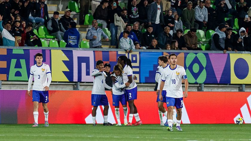 Saimon Bouabre of France (C) celebrates his second goal with teammates and fans during the FIFA U-20 World Cup Chile 2025 quarter-final match between Norway and France at Estadio Elias Figueroa Brander on October 12, 2025 in Valparaiso, Chile.