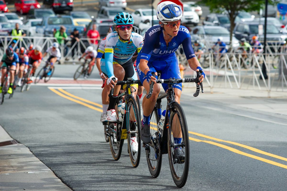 Lauren Hall (UnitedHealthcare) gets off the front during the criterium