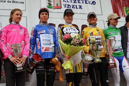 The competition leaders on the podium including stage winner Judith Arndt (HTC - Columbia Women) and new race leader Claudia H