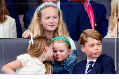 Princess Charlotte, Prince George, Lena Tindall and Mia Tindall at Queen's Platinum Jubilee chatting