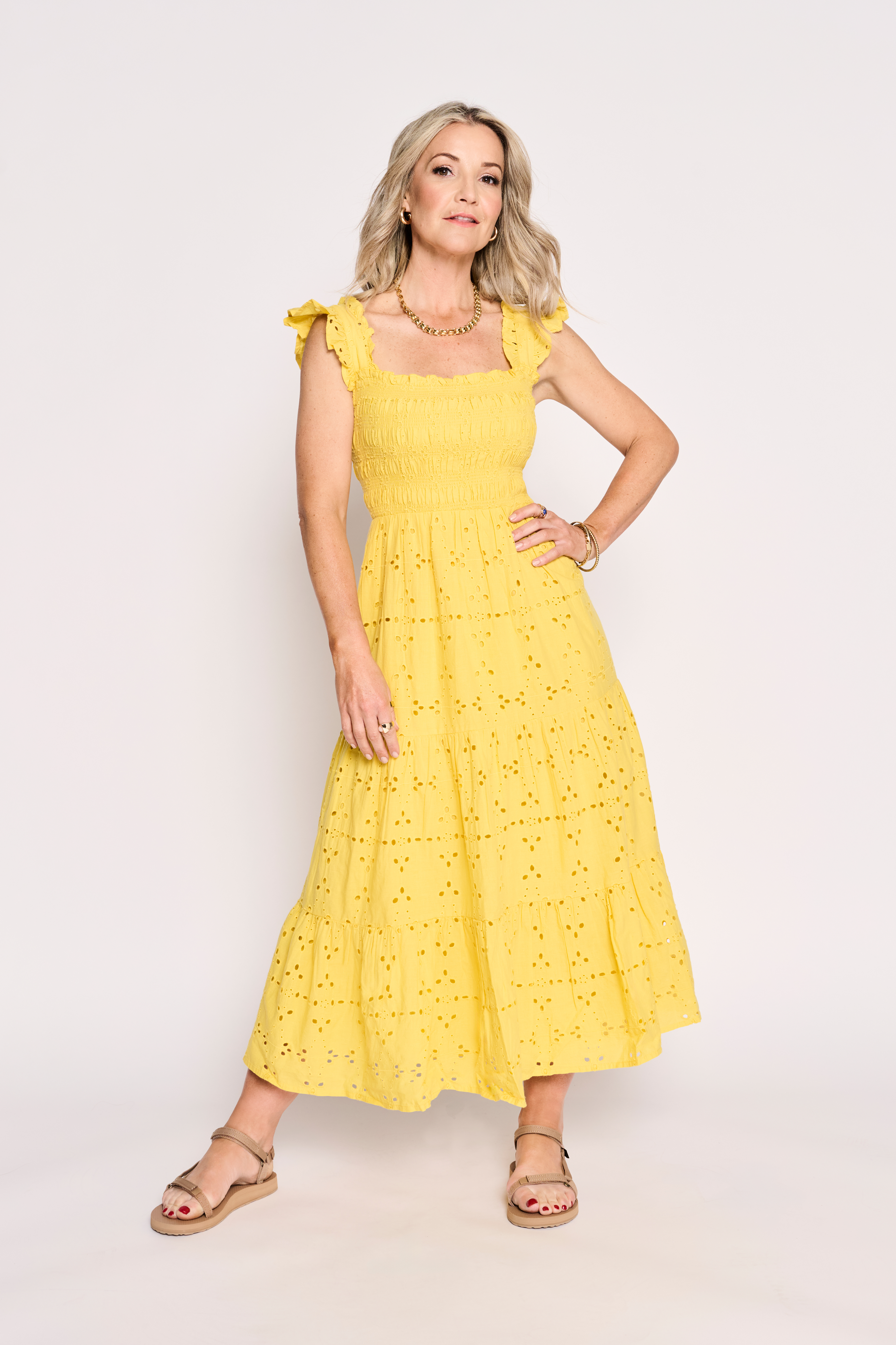 yellow broderie Anglaise dress on Helen Skelton