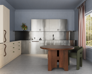 A kitchen with sinuous door handles on cabinets by hardware brand Petra