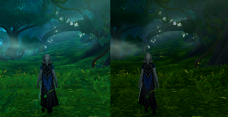 A before/after picture of WoW with an without a protanopia colour filter.