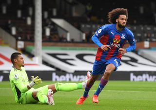 Crystal Palace’s Jairo Riedewald celebrates scoring his side’s first goal of the game during the Premier League match at Craven Cottage, London