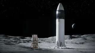 A composite image of Blue Origin&rsquo;s Blue Moon lander (left) and SpaceX&rsquo;s Starship lander (right) on the lunar surface.