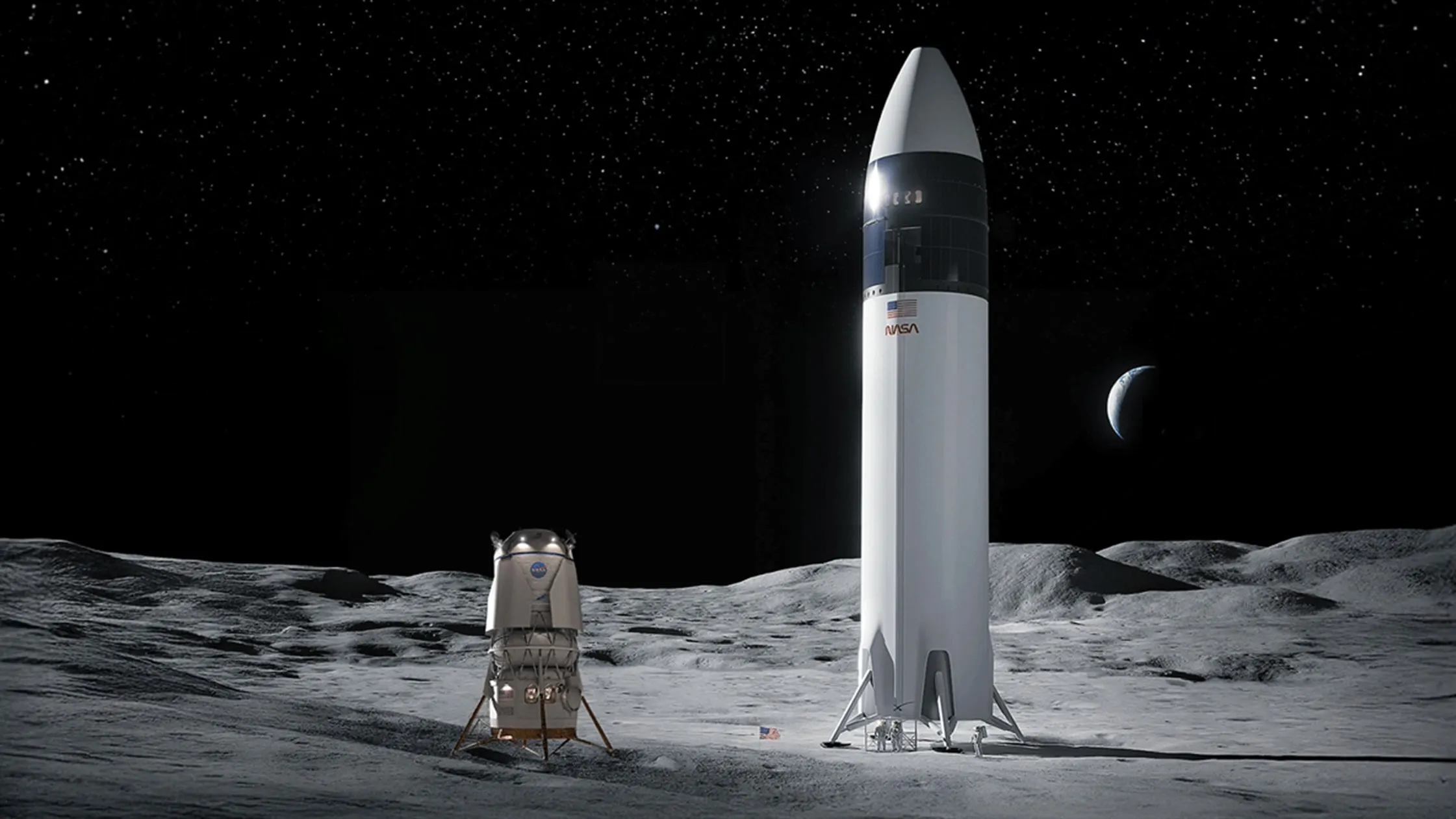 A composite image of Blue Origin&rsquo;s Blue Moon lander (left) and SpaceX&rsquo;s Starship lander (right) on the lunar surface.
