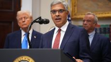 WASHINGTON, DC - SEPTEMBER 22: U.S. Director of the National Institutes of Health Jay Bhattacharya, joined by President Donald Trump (L) and Health and Human Services Secretary Robert F. Kennedy Jr., delivers remarks during an announcement by President Donald Trump on &ldquo;significant medical and scientific findings for America&rsquo;s children&rdquo; in the Roosevelt Room of the White House on September 22, 2025 in Washington, DC. Federal health officials suggested a link between the use of acetaminophen during pregnancy as a risk for autism, although many health agencies have noted inconclusive results in the research. (Photo by Andrew Harnik/Getty Images)
