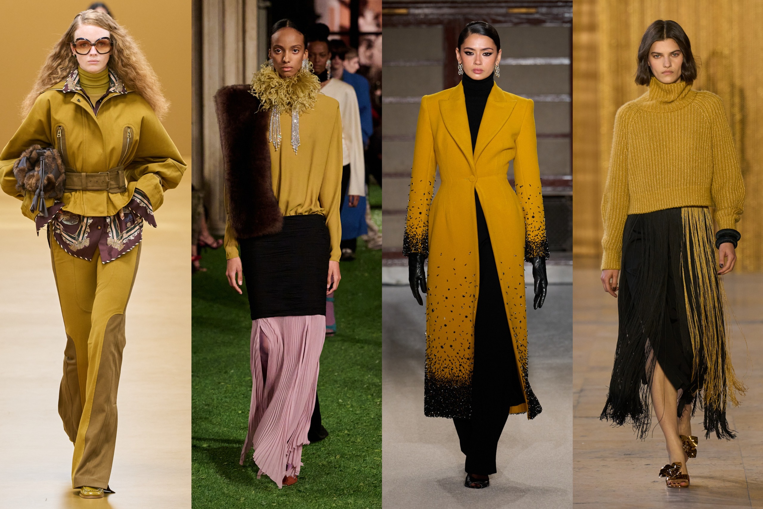 collage of ochre color trend on the fall 2026 runways of Zimmermann, Valentino, Sergio Hudson, Akris.