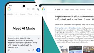 A phone on a green and blue background showing AI Mode next to a laptop showing Deep Search