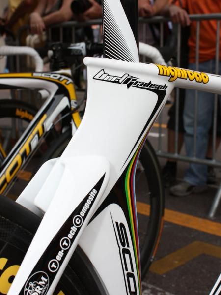An increasing number of time trial bikes are using bottom bracket-mounted rear brakes to allow aero rear ends like this.