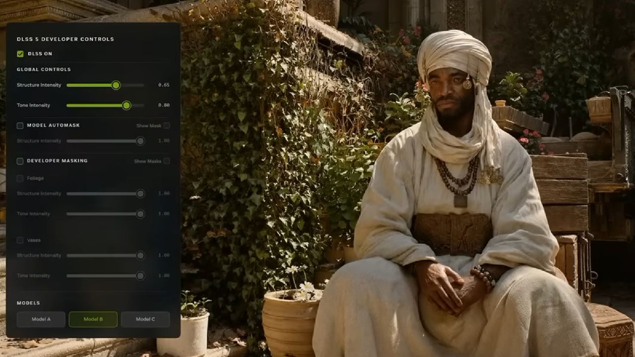 A character in Nvidia's Zorah demo being image-adjusted by DLSS 5 to varying degrees