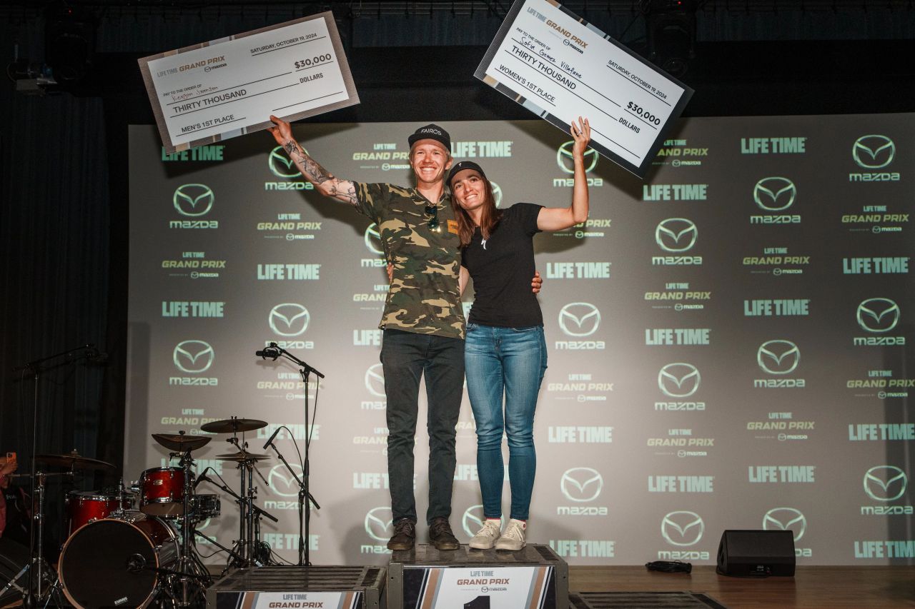 2024 Life Time Grand Prix overall winners - Keegan Swenson and Sofia Gomez Villafa&ntilde;e - share the podium after Big Sugar Gravel