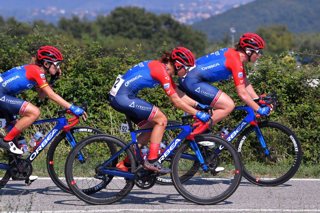 ASSISI ITALY SEPTEMBER 13 Ane Santesteban Gonzalez of Spain and Ceratizit WNT Pro Cycling Team Lara Vieceli of Italy and Ceratizit WNT Pro Cycling Team Kirsten Wild of The Netherlands and Ceratizit WNT Pro Cycling Team during the 31st Giro dItalia Internazionale Femminile 2020 Stage 3 a 1422km stage from Santa Fiora to Assisi 413m GiroRosaIccrea GiroRosa on September 13 2020 in Assisi Italy Photo by Luc ClaessenGetty Images