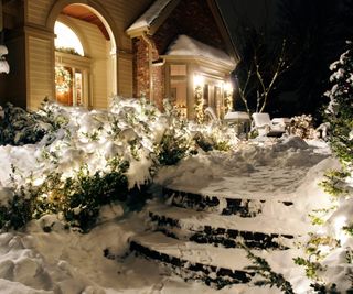 Outside Christmas lights line path to a front door on a snowy evening