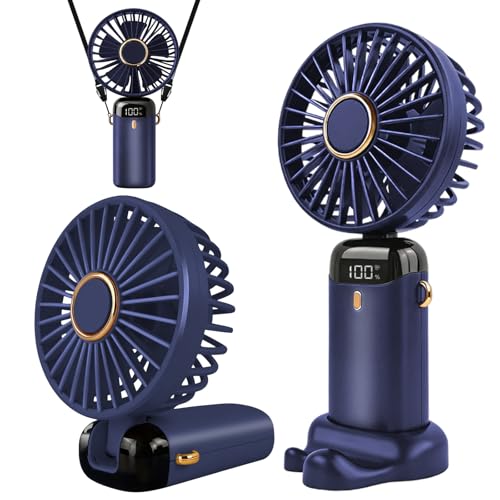 Jsdoin Hand Held Fan,portable Handheld Usb Rechargeable Fans With 5 Speeds,battery Operated Mini Fan Foldable Desk Desktop Fans With Led Display for Home Office Bedroom Outdoor Travel (darkblue)