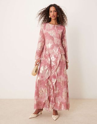 Asos Design Tendril Hem Metallic Floral Maxi Dress in Rose