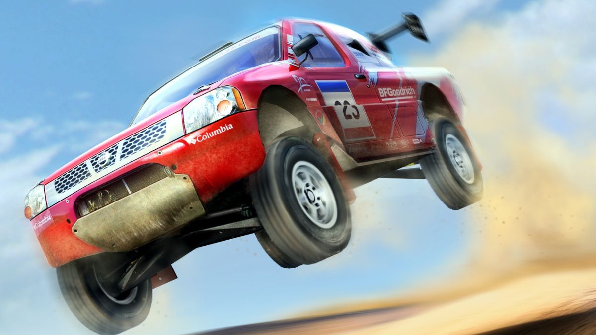 Promo artwork for Colin McCrae Rally 2005 showing a car jumping above desert sands