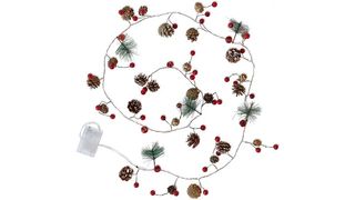 Lighted garland with pinecones, evergreen sprigs, berries, and bells