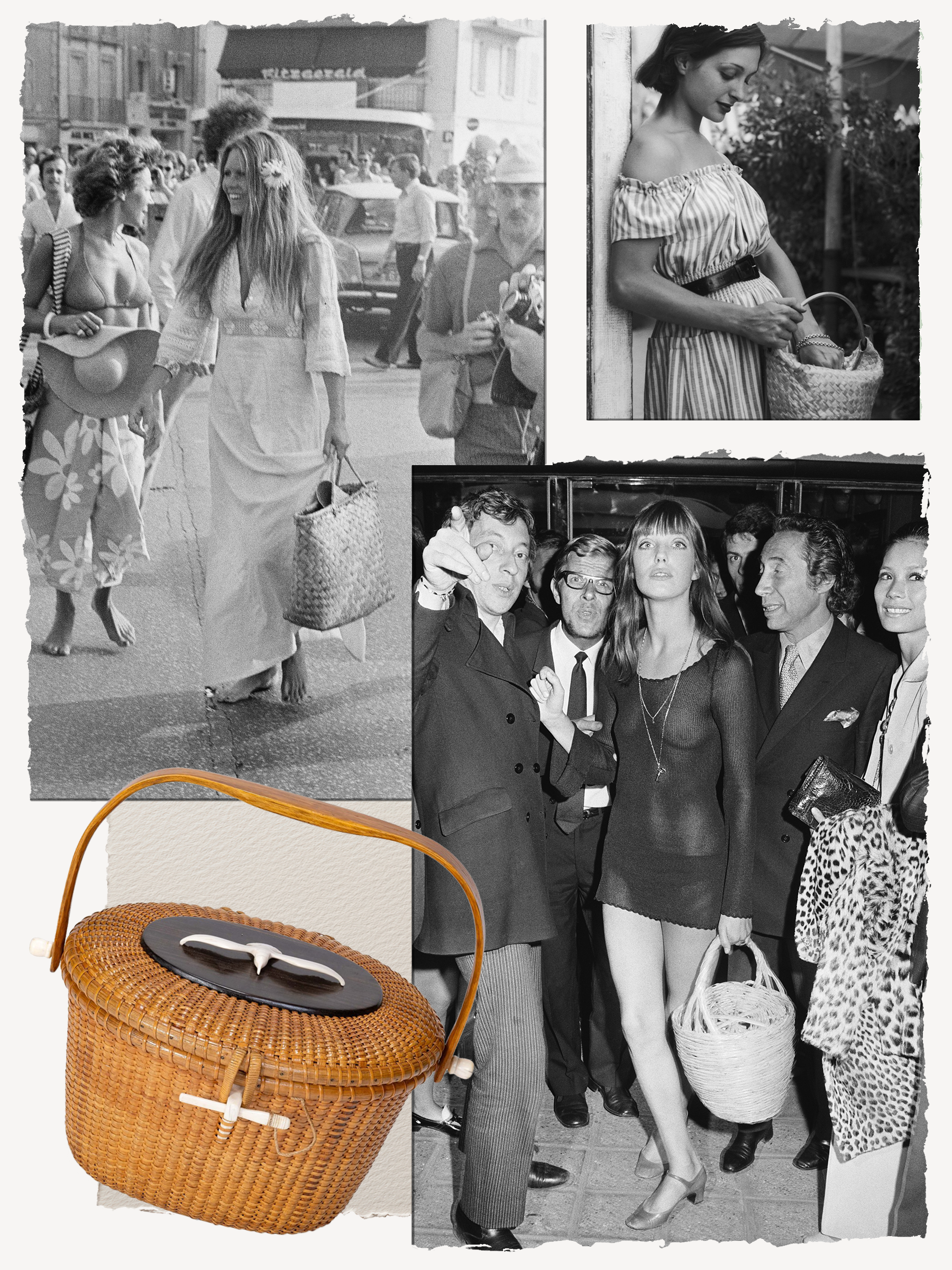 Joan Didion and a selection of women carry basket bags across the 50s, 60s, and 70s