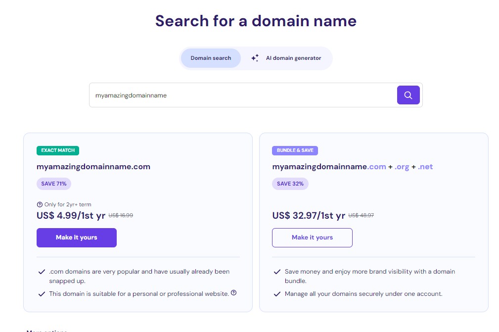 Hostinger's domain name search function