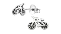 A pair of silver stud earrings with bicycles on