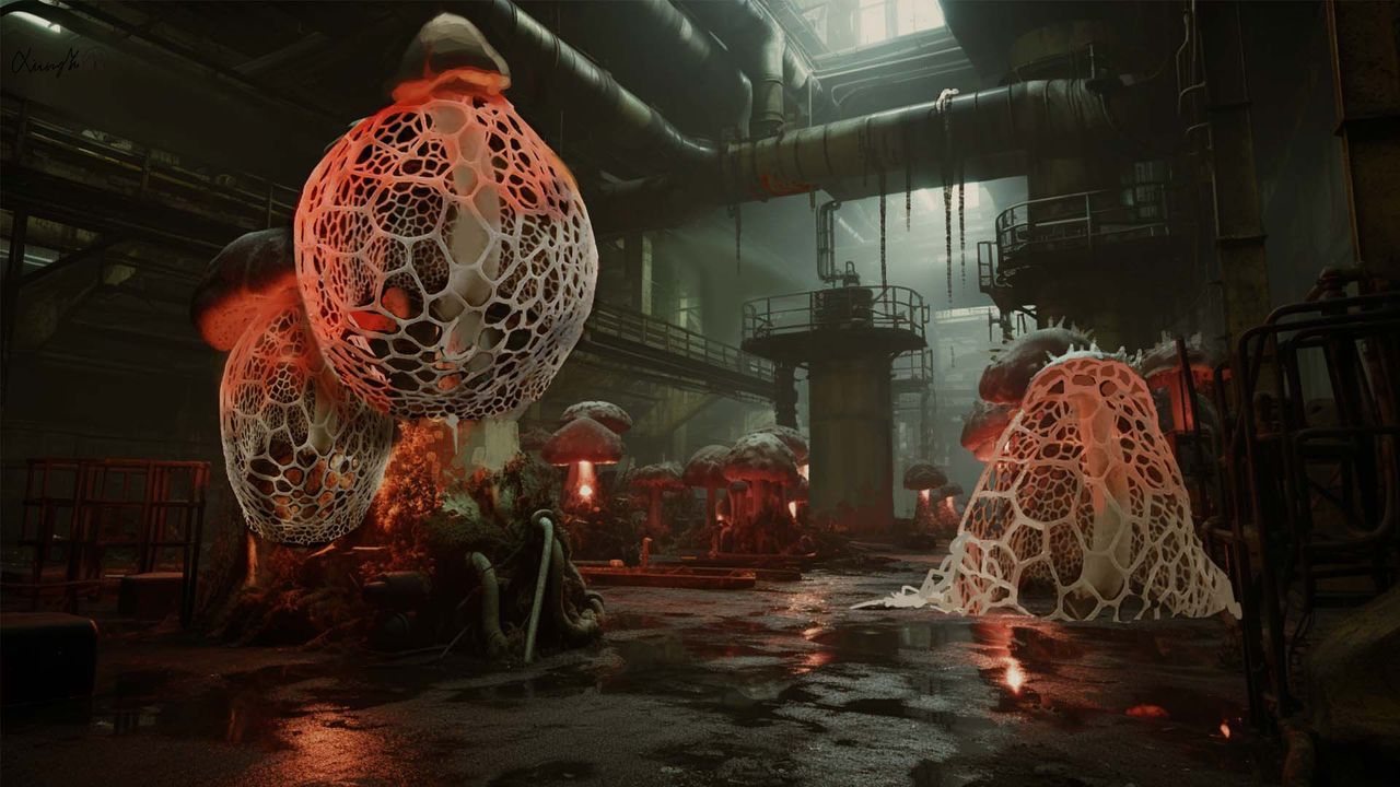Concept art and screenshots from sci-fi shooter Mycopunk