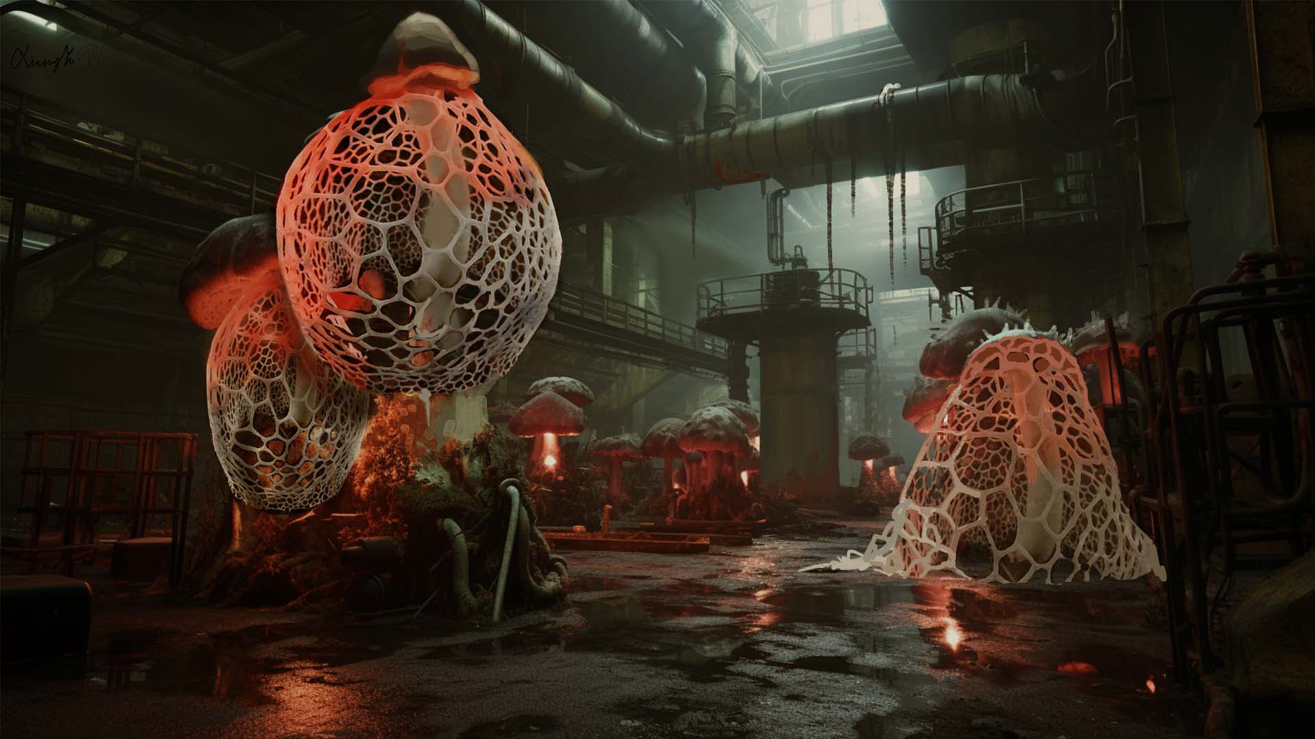 Concept art and screenshots from sci-fi shooter Mycopunk