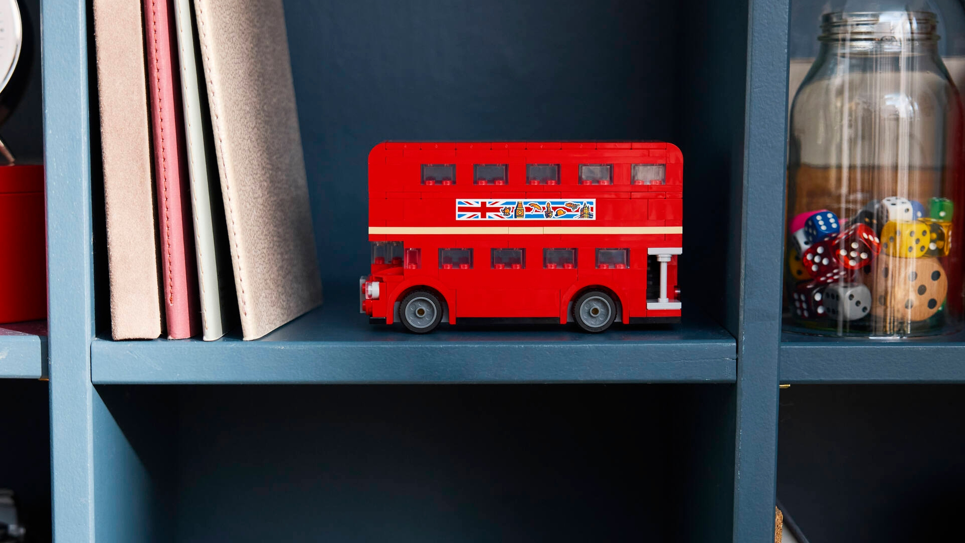 Lego London Bus set on a blue shelf