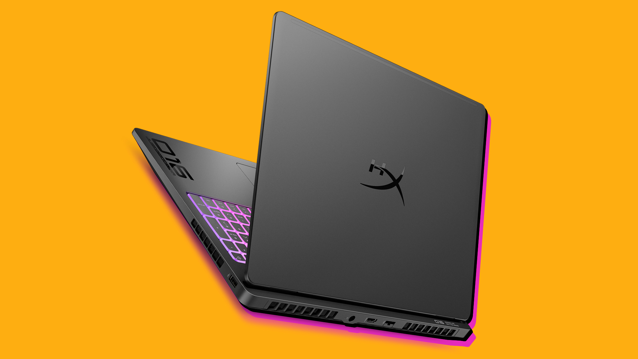 The backside of the HyperX OMEN MAX 16 gaming laptop on a yellow background.