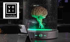 Voxi logo placed over an image a brain in a tank looking at a phone 